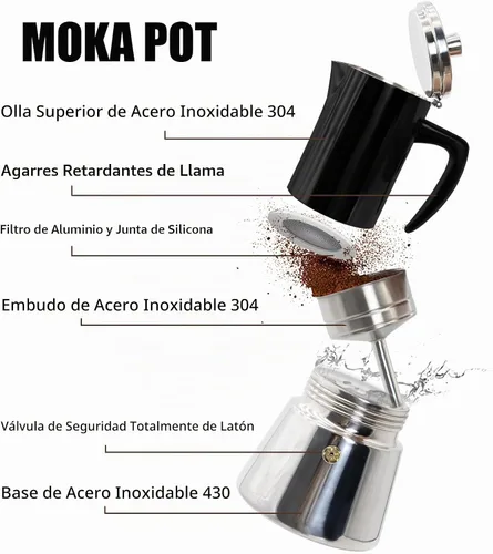 Vista 4 de 4 tazas de acero inoxidable 304 espesado Moka Pot Estufa Espresso Maker Cafeteras Italiano Percolador Espress Maker Capaz Greca Mocha cafetera