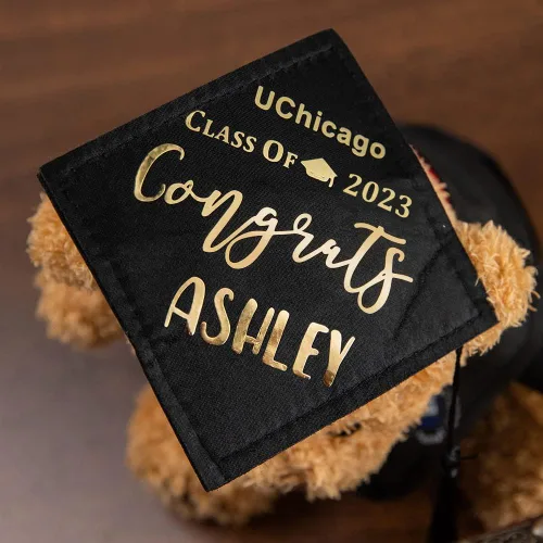 Vista 5 de Oso de peluche de graduación con nombre personalizado con insignia escolar, oso de peluche con tabla de mortero, regalos de graduación