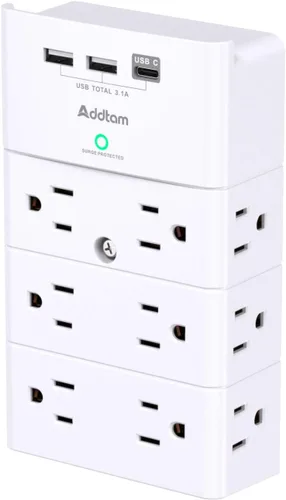 Vista 8 de Addtam Toma de pared con enchufe múltiple, protector de sobretensiones con extensor de 12 tomas de corriente de 4 lados y 3 puertos USB (1 USB-C)