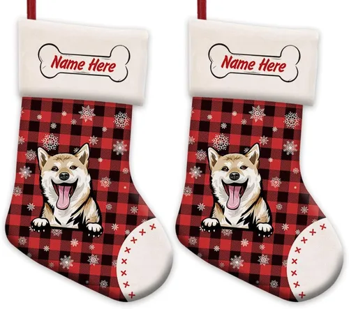 Vista 31 de Foto personalizada, Feliz Navidad, búfalo rojo, a cuadros, feliz perro, calcetín de Navidad, copo de nieve, decoración de vacaciones, calcetín