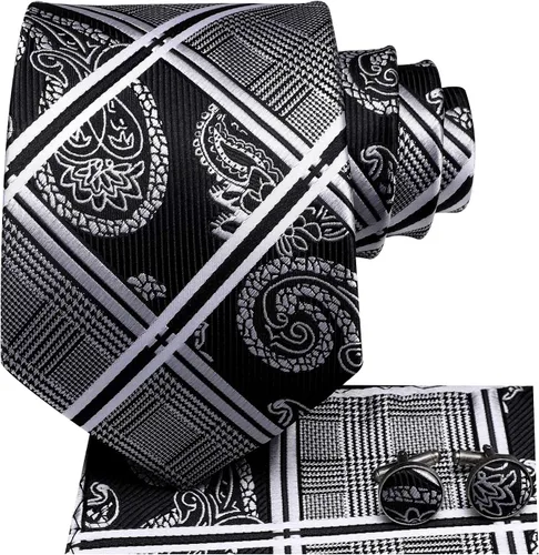 Vista 326 de Hi-Tie Corbata clásica de cachemira para hombre con pañuelo y gemelos a cuadros
