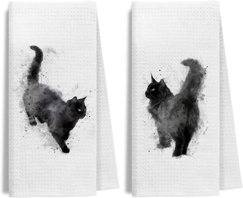 Vista 9 de Juego de 2 toallas de mano de baño con esmoquin verde retro, decoración de baño de gato, toallas de mano de gatito blanco y negro para baño, 16 x 24