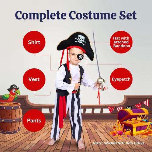 Vista 2 de Dress Up America Disfraz de pirata para niños, auténtico disfraz de pirata para Halloween, fiestas de cumpleaños y disfraz de juego de roles
