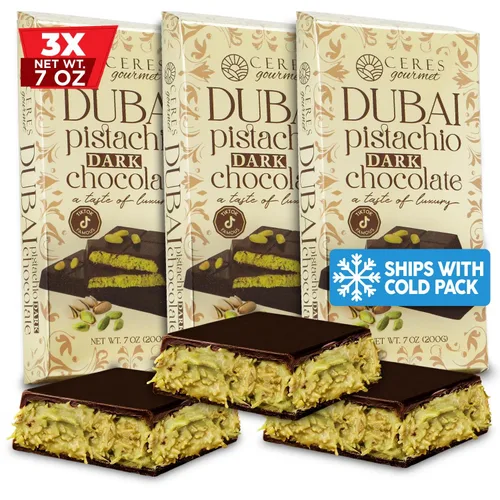 Vista 11 de Ceres Gourmet Dubai - Paquete de 3 barras de chocolate y pistacho (7 onzas cada uno), caramelo de chocolate con leche Dubai prémium con relleno