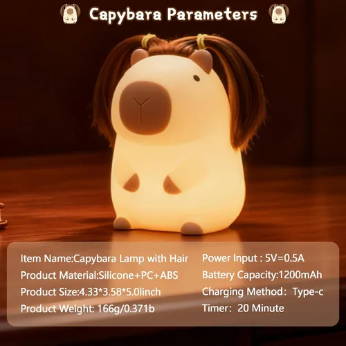 Vista 7 de Linda luz nocturna de capybara con peinado DIY, lámpara de silicona esponjosa, luz nocturna para habitación infantil, lámpara de mesita recargable
