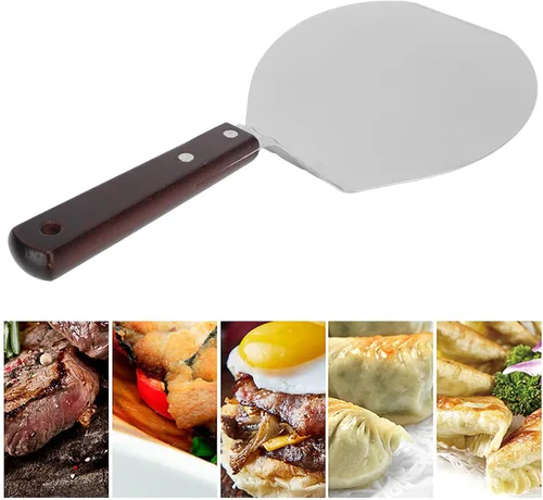 Vista 7 de Espátula de pizza de acero inoxidable, espátula de cocina para pasteles, pizza, panqueques, salteado (espátula redonda para pizza, mango de madera)