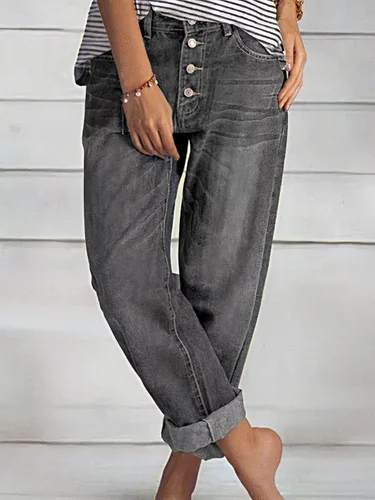 Vista 2 de Flamingals Jeans de pierna recta para mujer, cintura baja, botón rasgado