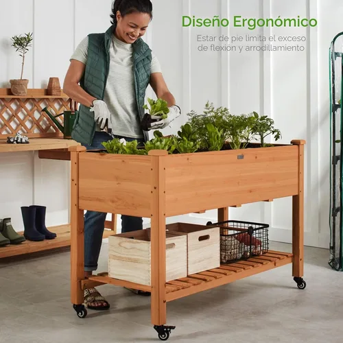 Vista 2 de Best Choice Products Cama de jardín elevada de 48 x 24 x 32 pulgadas, maceta móvil de madera elevada con ruedas bloqueables, estante