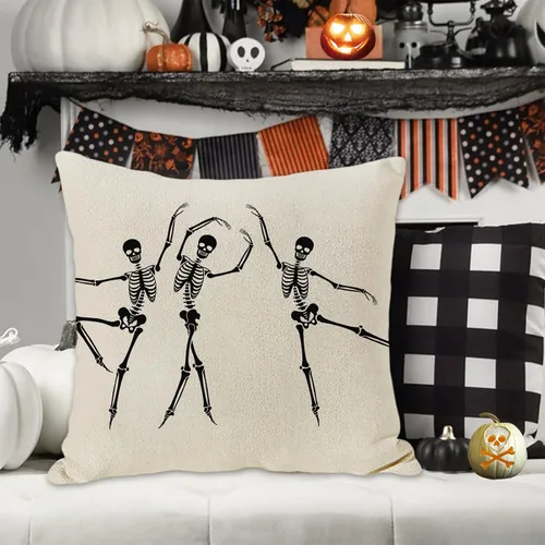 Vista 2 de JOOCAR Fundas de almohada de calavera de Halloween, diseño de esqueleto, divertida funda de cojín para sofá, decoración del hogar, 16 x 16 pulgadas