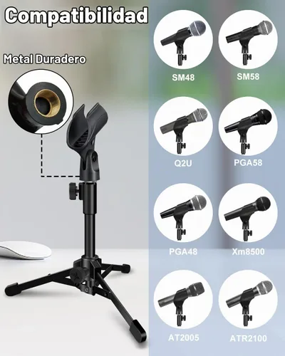 Vista 2 de Soporte de Micrófono de Escritorio Portátil Trípode Plegable con Soporte de Clip de Micrófono y Tornillo Macho de 5/8 Pulgadas a Hembra de 3/8
