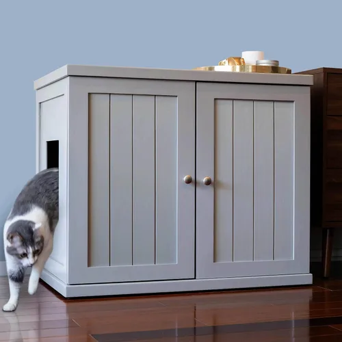 Vista 10 de THE REFINED FELINE Armario de caja de arena para gatos, cabaña, gris humo, pies de mediados de siglo, grande, muebles de arena oculta para gatos
