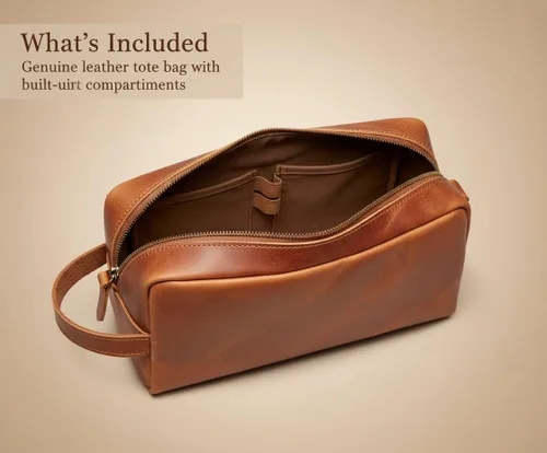 Vista 5 de The Tannery Neceser de cuero genuino para hombres y mujeres, bolsa ligera para unisex, bolsa de maquillaje duradera, el mejor regalo para el día