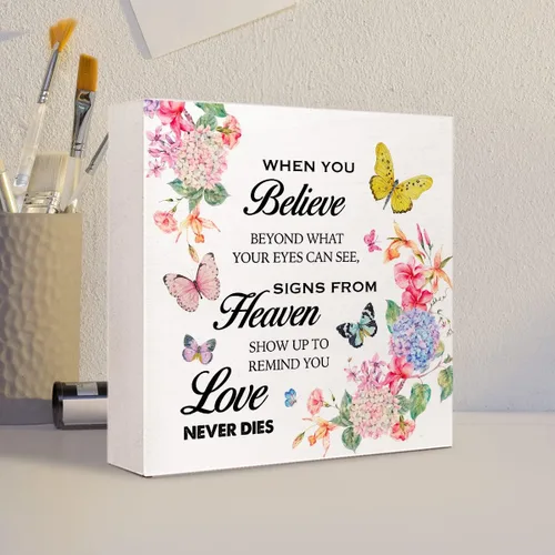 Vista 4 de Letrero de madera con texto en inglés «When You Believe Beyond What Your Eyes Can Se», decoración inspiradora de madera con diseño de flores