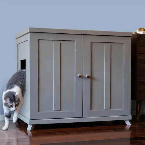 Vista 13 de THE REFINED FELINE Armario de caja de arena para gatos, agitador, gris humo, niveladores ajustables, grande, muebles ocultos para gatos con cajón