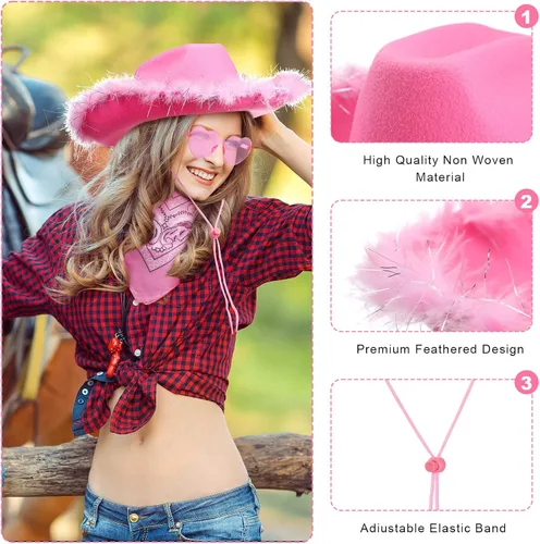 Vista 4 de Paquete de 24 sombreros de vaquera con bandana de cachemira y lentes de corazón, sombreros de vaquera de plumas esponjosas para fiesta