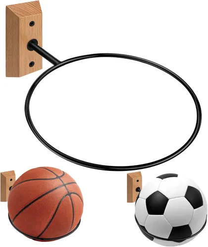Vista 20 de Soporte de pared para baloncesto VIVTOB, soporte de pared para pelota de 7 pulgadas con base de madera maciza de nogal negro y anillo de metal