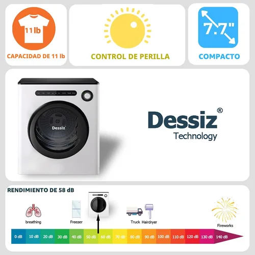 Vista 2 de Dessiz Secadora compacta de 11 libras de 950 W, secadora de ropa portátil para espacios pequeños, caravanas y apartamentos, silenciosa, resistente