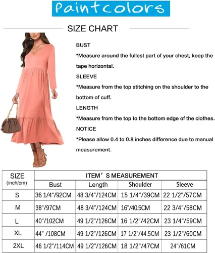 Vista 6 de Paintcolors Vestido largo casual de manga larga con cuello en V para mujer, vestido escalonado, color sólido, holgado, con vuelo, vestido midi