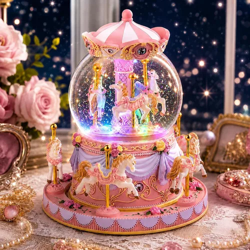 Vista 12 de Caja de música de carrusel, globo de nieve de caballo, cajas musicales pintadas a mano, luz de color, regalo para niñas, mujeres, niños, hermana