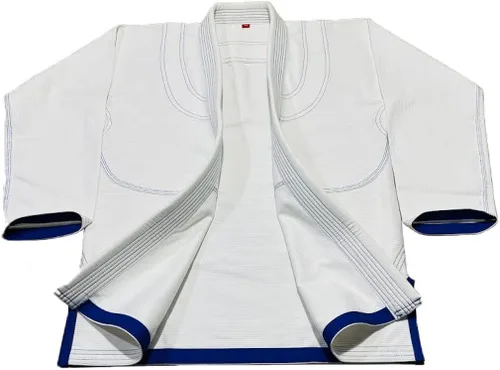 Vista 2 de Blanco Royal Blue Stitch Bjj Gi Jiu Jitsu Kimonos Gi 100% algodón Perl Weave 450GSM