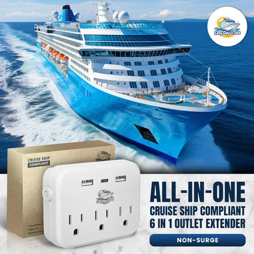 Vista 3 de Regleta de alimentación sin sobretensión (6 en 1) compatible con cruceros con 3 salidas de CA, 2 puertos USB y 1 USB-C, 2500W, carnaval, noruego