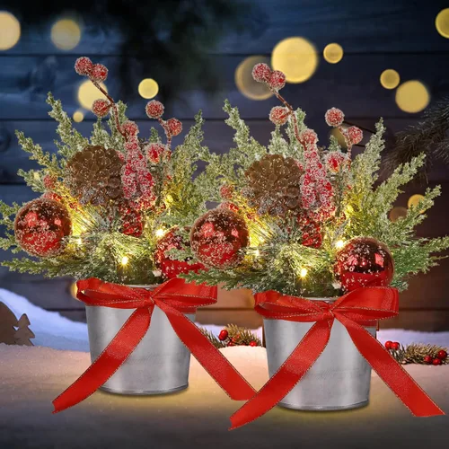 Vista 5 de Prsildan 2 piezas de decoración de mesa de Navidad árbol artificial con cono de pino y bayas rojas, mini árbol de nieve flocado con luces LED