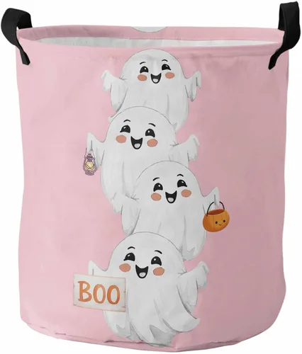 Vista 8 de Cesta de lavandería rosa para Halloween, bolsa plegable con asas fáciles de transportar, pequeña cesta plegable independiente, plegable, Blanco