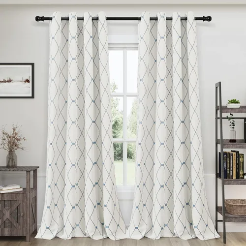 Vista 10 de Joywell Cortinas jacquard con ojales para sala de estar, 108 pulgadas de largo, línea ondulada negra con patrón de puntos, cortinas bordadas