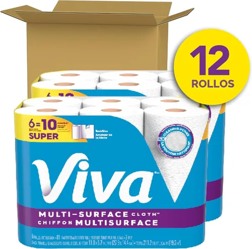 Vista 2 de Viva Toallas de papel de tela multisuperficie, tamaño de tarea: 12 súper rollos (2 paquetes de 6), 81 hojas por rollo