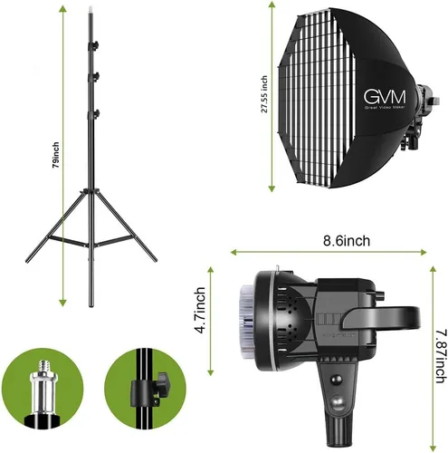 Vista 14 de GVM Kit de Iluminación para Estudio Fotográfico de 80W, Luz de Video LED con Softbox de Montaje Bowen de 23.6", Soporte de Trípode, Salida Continua