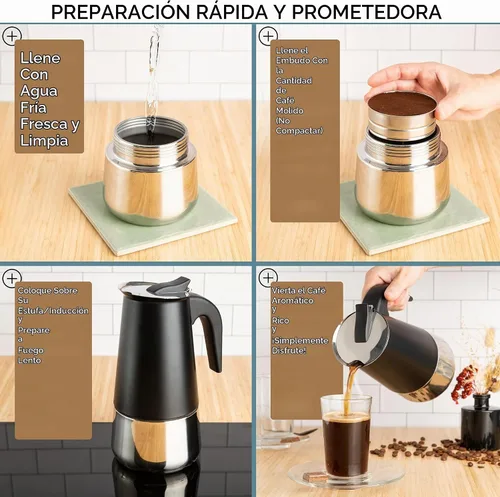 Vista 5 de Mixpresso Cafetera Espresso Greca Negra para Estufa de 6 Tazas 300ml/10oz, Olla Moka con Diseño de Percolador de Café, Cafetera de Acero Inoxidable