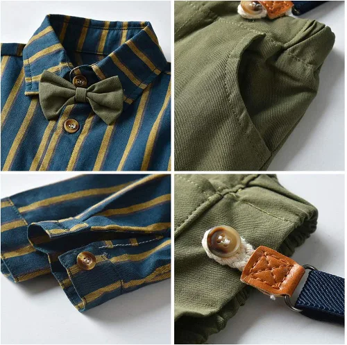 Vista 5 de Traje de Navidad para bebés y niños, camisa con corbatín, mameluco, tirantes, pantalones cortos, para boda, fiesta de cumpleaños, esmoquin, traje