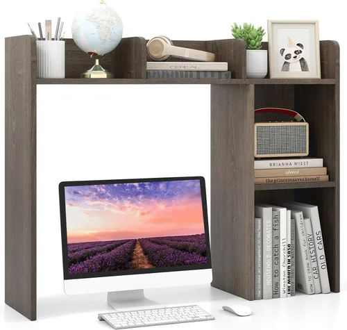 Vista 32 de Estantería de escritorio, 2 niveles, organizador de escritorio de oficina con 4 estantes, estante de almacenamiento de madera de 37 pulgadas