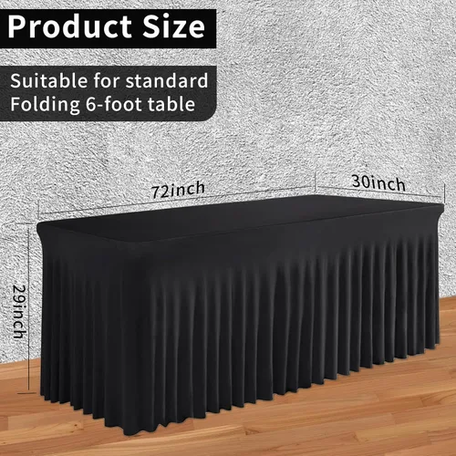 Vista 6 de Falda de mesa negra, de elastano, sin arrugas, 6 pies, mantel elástico ajustable lavable para mesas rectangulares para bodas, banquetes, fiestas