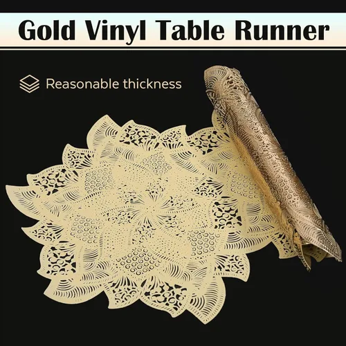 Vista 3 de FAVE Camino de mesa dorado de 36 pulgadas con forma de flor, camino de mesa corto lavable para bodas, banquetes, cumpleaños, fiestas, restaurantes