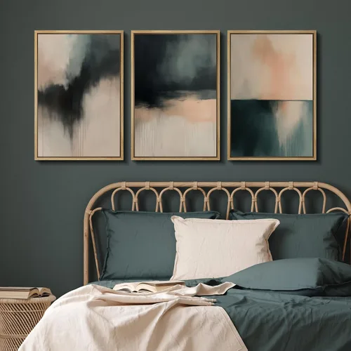 Vista 166 de SIGNFORD - Set de obras de arte en lienzo enmarcado para pared, ilustraciones abstractas de neblina del desierto en tonos neutros beige y marrón