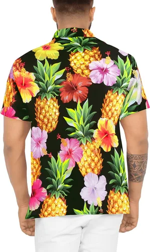 Vista 2 de HAPPY BAY Camisas hawaianas de manga corta con botones para hombre, camisas hawaianas bohemias para vacaciones de verano y playa para hombres