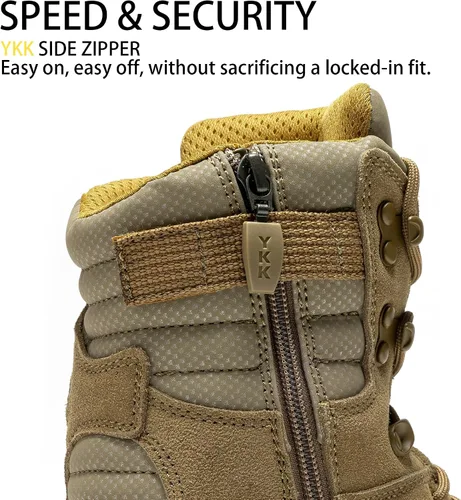 Vista 4 de ROCKROOSTER Burano Botas tácticas militares para hombre, 8 pulgadas, gamuza coyote y nailon, cremallera lateral YKK para poner y quitar fácilmente