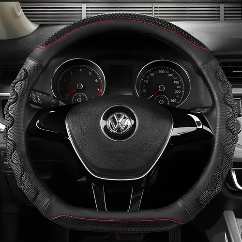 Vista 6 de Funda de volante en forma de D, protector de volante de cuero para automóvil con diseño antideslizante de nido de abeja 3D, funda universal