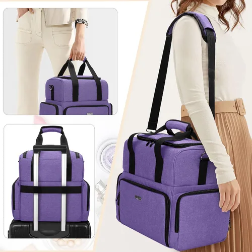 Vista 5 de BAFASO Bolsa de maquillaje de viaje grande de 2 capas con 3 bolsas Púrpura