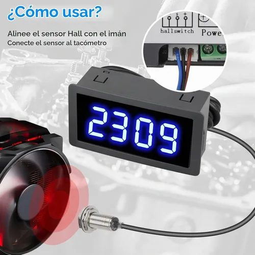 Vista 4 de EEEkit Tacómetro de 4 dígitos con LED azul, medidor de velocidad RPM digital para motores con sensor Hall NPN de interruptor de proximidad