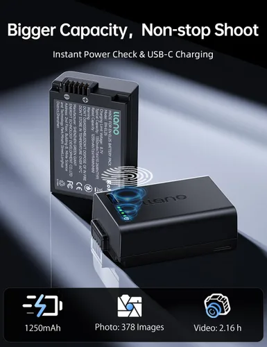 Vista 3 de llano Paquete de 2 baterías Aurora EN-EL25 y cargador USB-C de 20 W para Nikon Z50 II, Z50, Z30, Z fc, capacidad de 1250 mAh, con lector