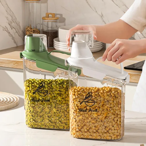Vista 7 de Contenedor de almacenamiento de semillas de pájaros, portátil, contenedor transparente de comida para mascotas de 3 cuartos de galón, con taza Verde