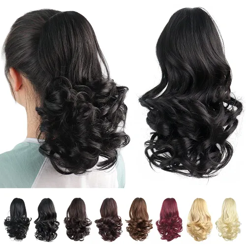 Vista 7 de Extensiones de cola de caballo de color negro, pinza de extensiones de cabello rizado para mujer, extensiones de cabello sintético de cola