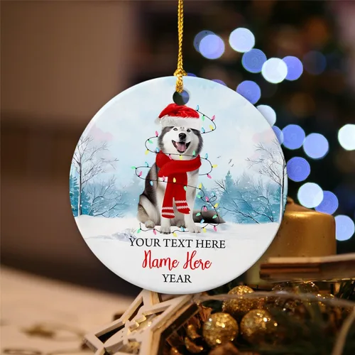 Vista 4 de Adorno de cerámica de Alaska Malamute de Feliz Navidad, decoración personalizada de Papá Noel, perro de Alaska Malamute nombre de perro, decoración