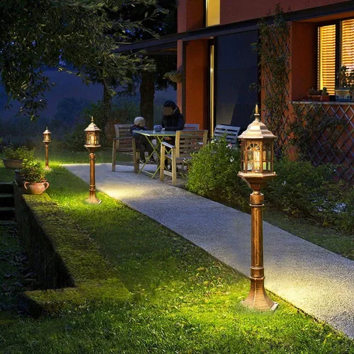 Vista 6 de Luces de poste al aire libre, IP23 impermeable lámpara de pie de metal vidrio pantalla césped luz villa paisaje comunidad jardín patio pasillo