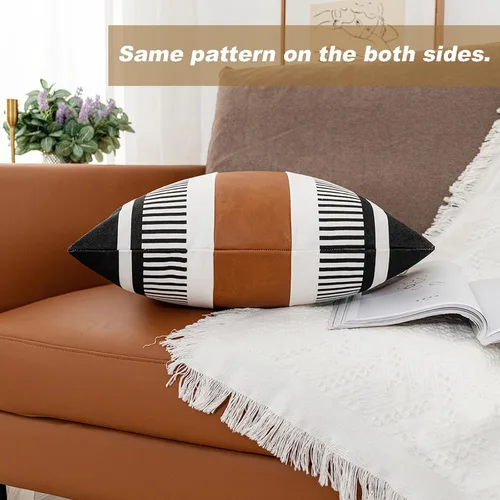 Vista 5 de Funda de Almohada Euro de Rayas Estilo Granja 26x26 Funda de Cojín de Acento Grande Cuero Sintético Blanco y Negro Funda de Almohada Decorativa
