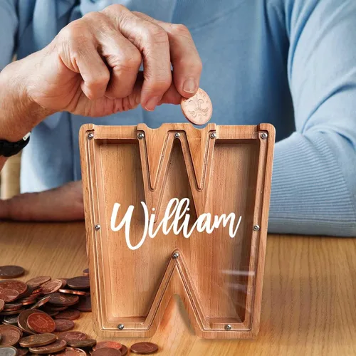 Vista 8 de Alcancía de madera grande personalizada, 7.5 pulgadas, con ventana acrílica fácil de abrir, caja de ahorro de dinero inicial para niños y niñas
