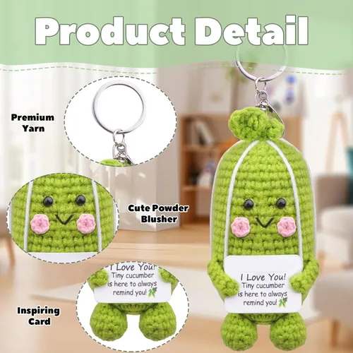 Vista 2 de Funny Positive Crochet Cucumber Keychain Handmade Emotional Support Knitted Cucumber Keychain Gift for Bag Charm