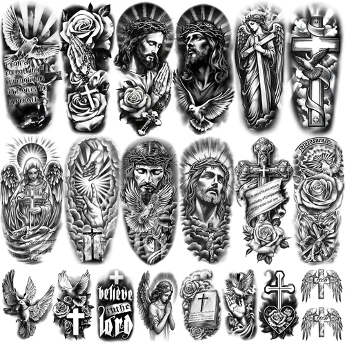Vista 11 de 36 hojas de tatuajes temporales para hombres, mujeres y adultos, 12 hojas de gran tamaño, 3D, media manga, tatuajes falsos negros, tatuajes